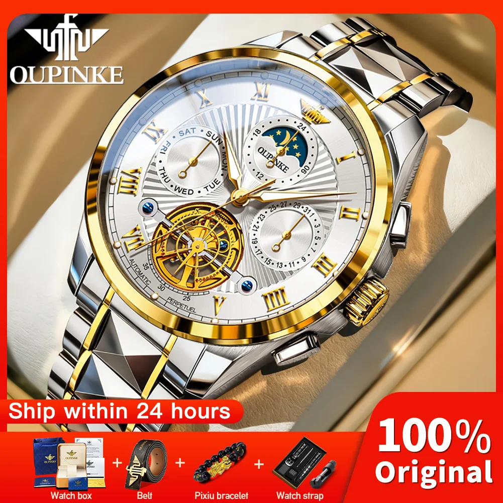 

Мужские механические часы OUPINKE 3322 с браслетом из нержавеющей стали, датой, дополнительным циферблатом, окошком для календаря, ночной подсветкой и водонепроницаемостью 50 м.