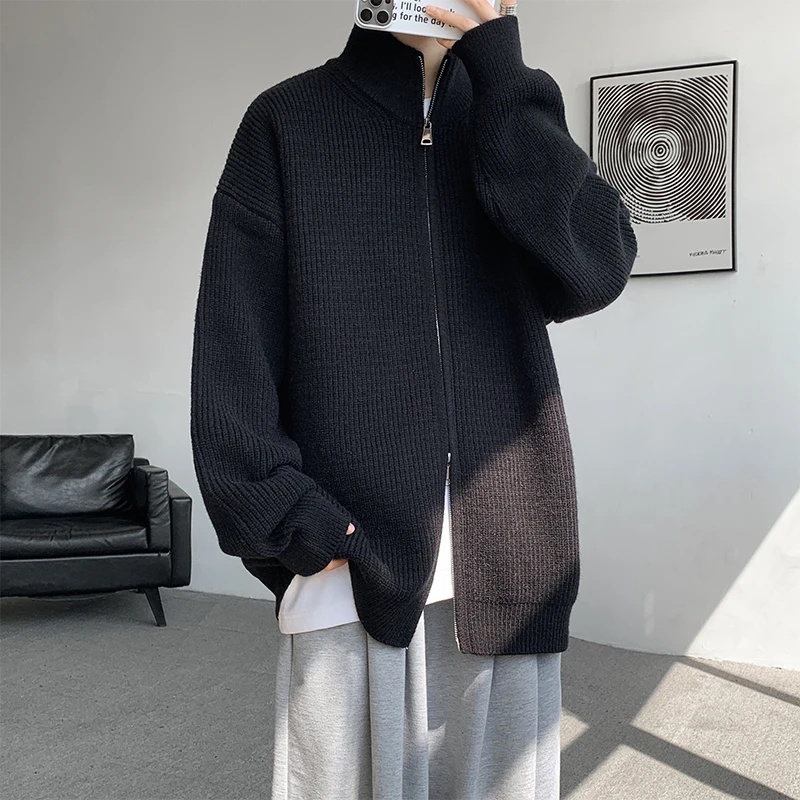 2025 Autumn Winter Commuting Style Gray Half-Zip Simple Sweater Men's Loose Stand Collar Black White Knitted Cardigan