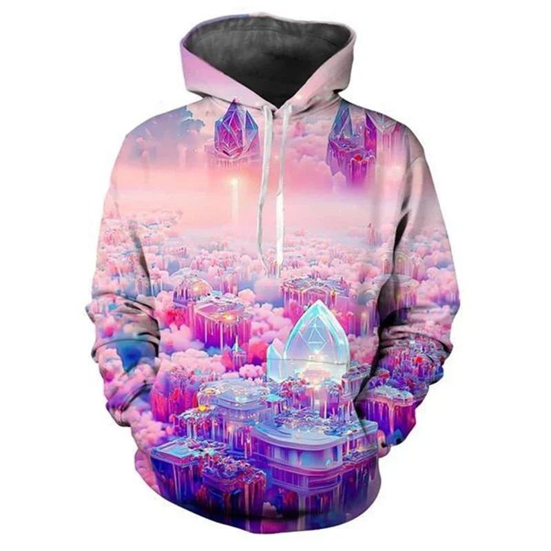 Men's Women's Fantasy Castle Graphic Hoodies 3D Print Beautiful Scenery Pattern Couple Hooded Clothes Autumn Fashion Casual Tops
