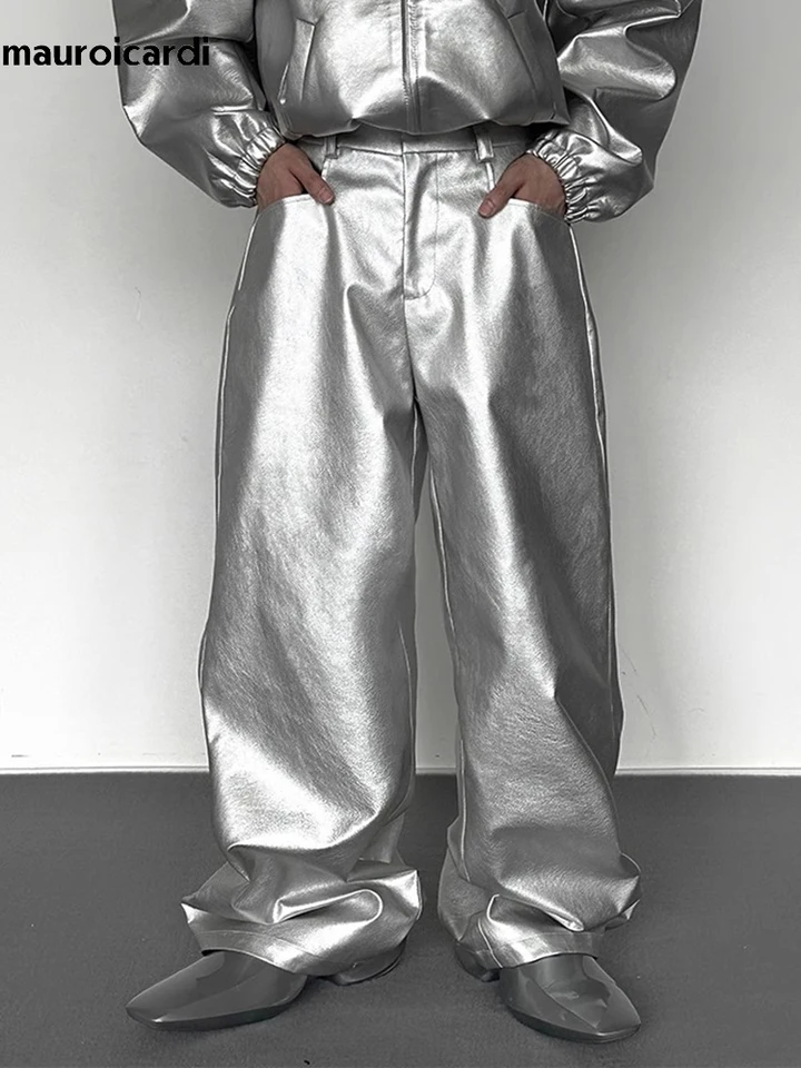 Mauroicardi Spring Autumn Cool Silver Baggy Shiny Pu Leather Wide