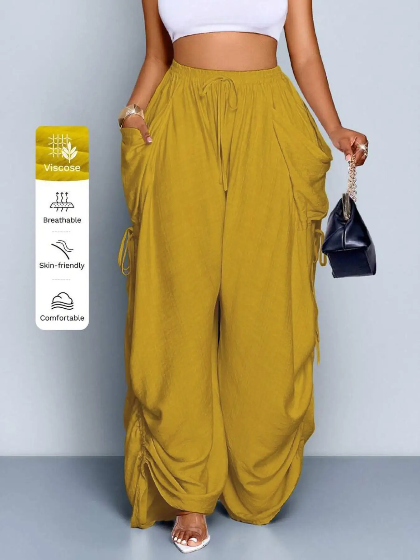 Women's brown mid-rise pleated cargo pants, casual drawstring wide-leg pants, with pockets