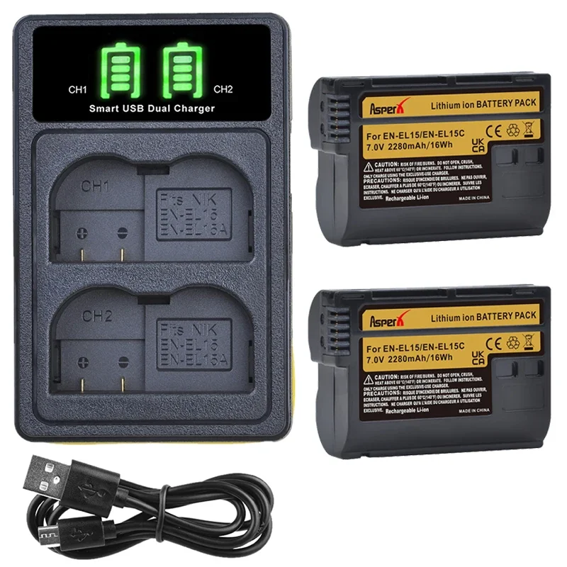 2280mAh EN-EL15C EN-EL15 Battery + Charger for Nikon Z5, Z6, Z6 II, Z7, Z7II D7000 D7100 D7200, D850 D750 D7500 D810 D500 D800