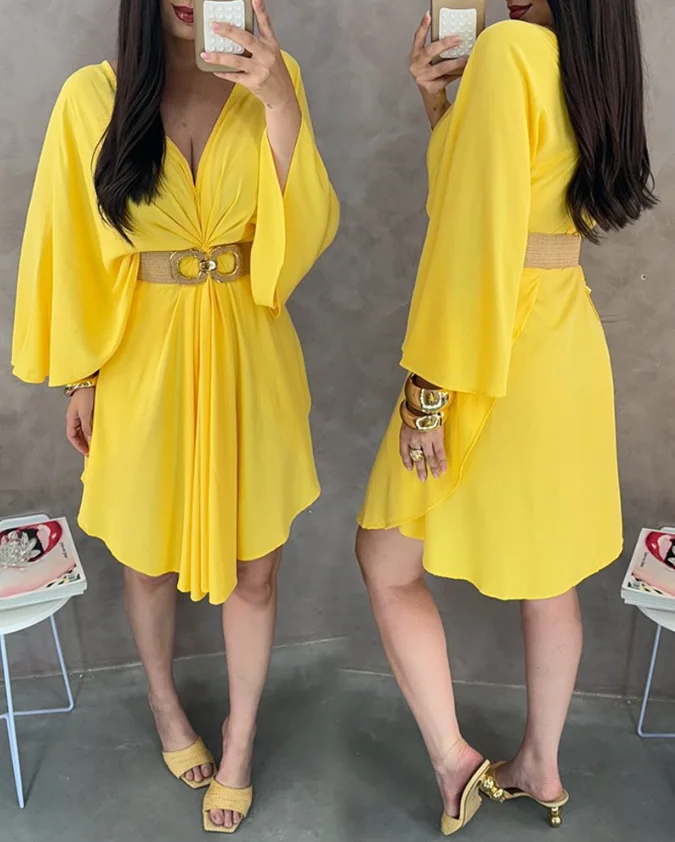

Women's Dress 2025 Spring Summer Latest Elegant V-Neck Batwing Sleeve Asymmetric Hem Mini Dress Casual Flowy A Line Waist Skirt