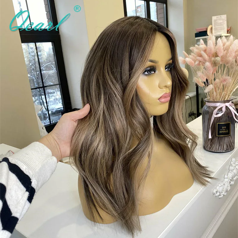 Women Real Human Hair Wig HD 360 Lace Frontal Wigs Dark Honey Blonde Highlights Colored Loose Wave Full Lace Wig Top Sale Qearl