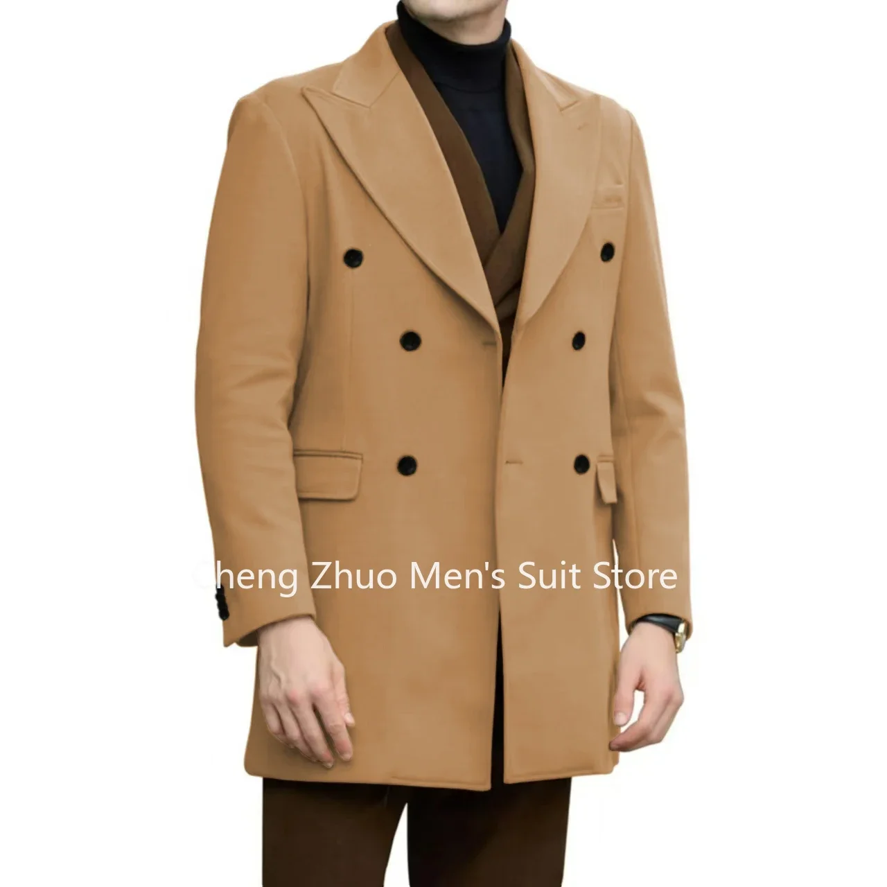 

New Man Trench Coat Customized Peak Lapel Double Breasted Men Winter Jacket Regular Business Evening Party Long Coat