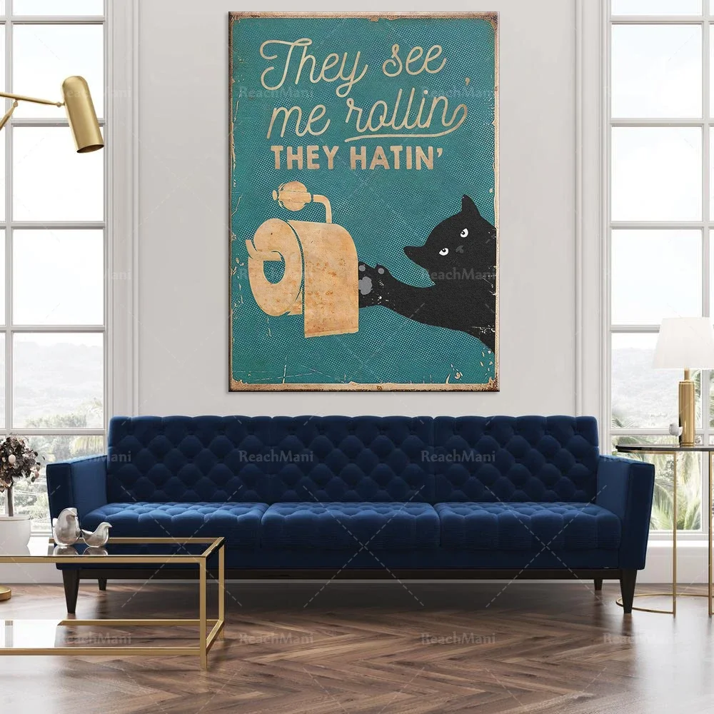 Black Cat Poster, They See Me Rollin Their Hatin Print, Funny Bathroom Toilet Decor, Black Cat Art Print, Funny Poster