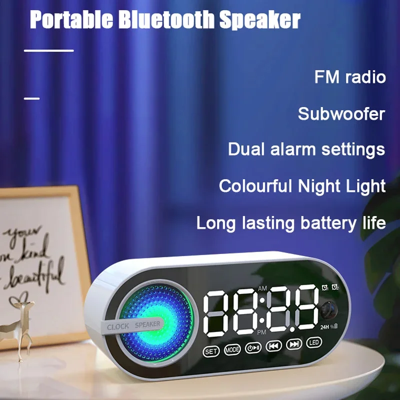 Portable Bluetooth Speaker With Mini Mirror Digital Alarm Clock Timer FM Radio Wireless Speaker Subwoofer Desktop LED Clock