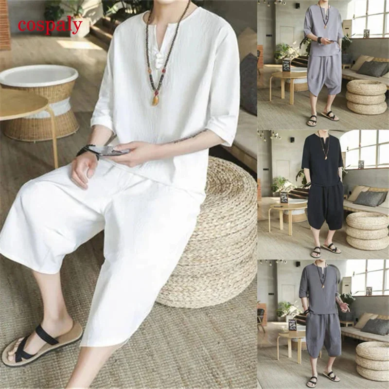 Traditional Chinese Style Summer Men Linen Tang Suit Short Sleeve T-Shirt Pant  Clothing Set Oriental Kung Fu Costumes