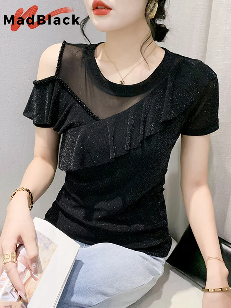 

MadBlack Summer European Clothes O Necks Tshirts Female Sexy Ruffled Shiny Beaded Mesh Patchwork Slim Tops Short Sleeves T35229C