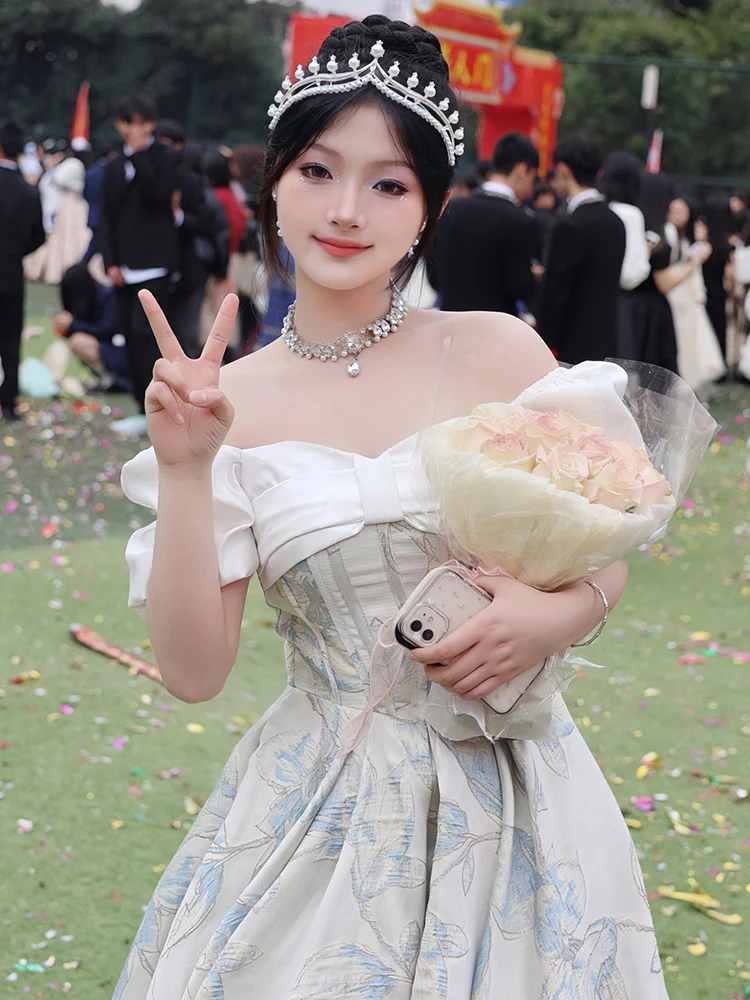 L-4XL Large Size Blue Sweet Bow Slash Neck Graduation Evening Dress New Lace-up High Waist Birthday Engagement Princess Dresses