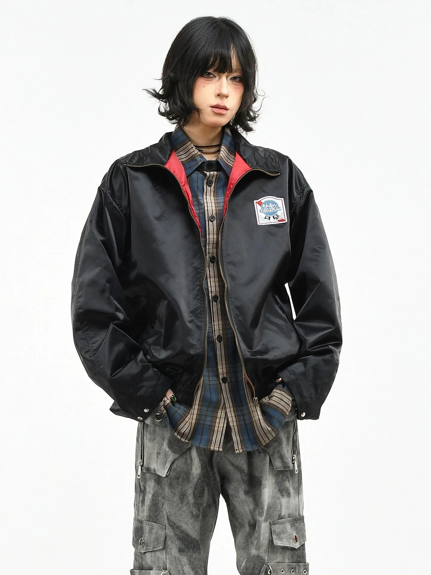 American Style Nylon Shiny Patchwork Embroidered Stand Collar Jacket Women's Loose Short Flight Jacket Autumn New Arrival