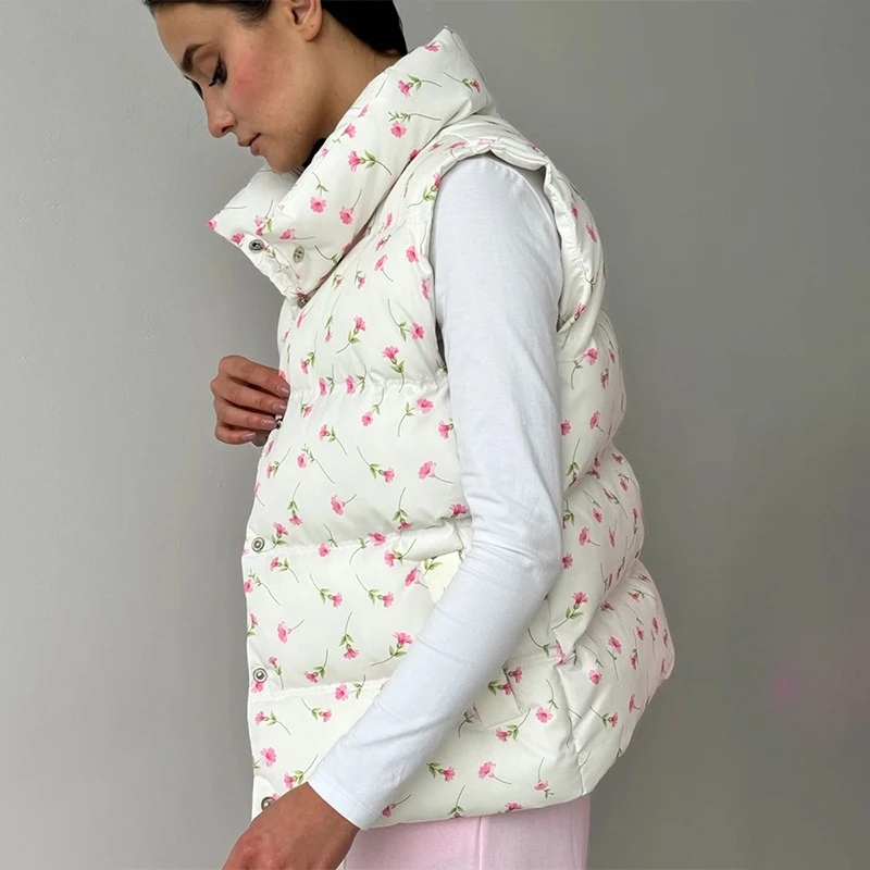 TARUXY Printed Vest Cotton Down Jacket Women's Stand Collar Sleeveless Pocket Warm Cotton Jacket Autumn Winter New Commuter Coat