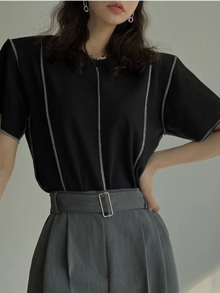 

Summer Chic round Ne Overhead Color Blo Stitching Design Loose Versatile ort Sve T-irt Women's Straight Cut Knitwear