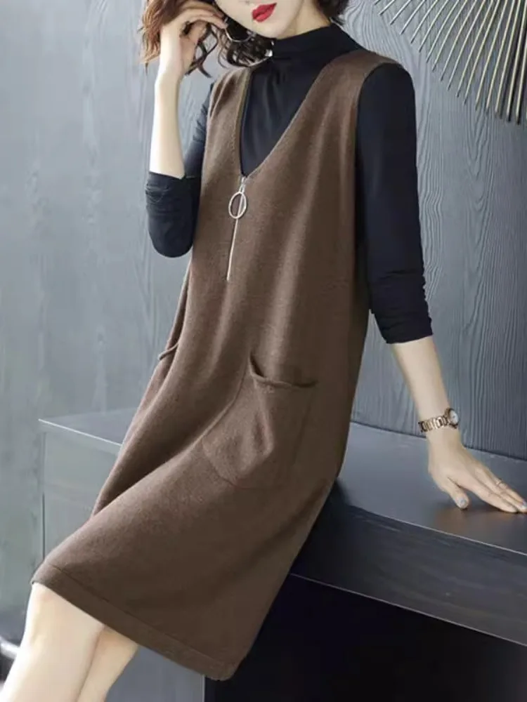 

Spring Faion Women's Knitted V-Ne Svel Dr Midi Length Slimming Effect Casual Commute Sle round Ne Design