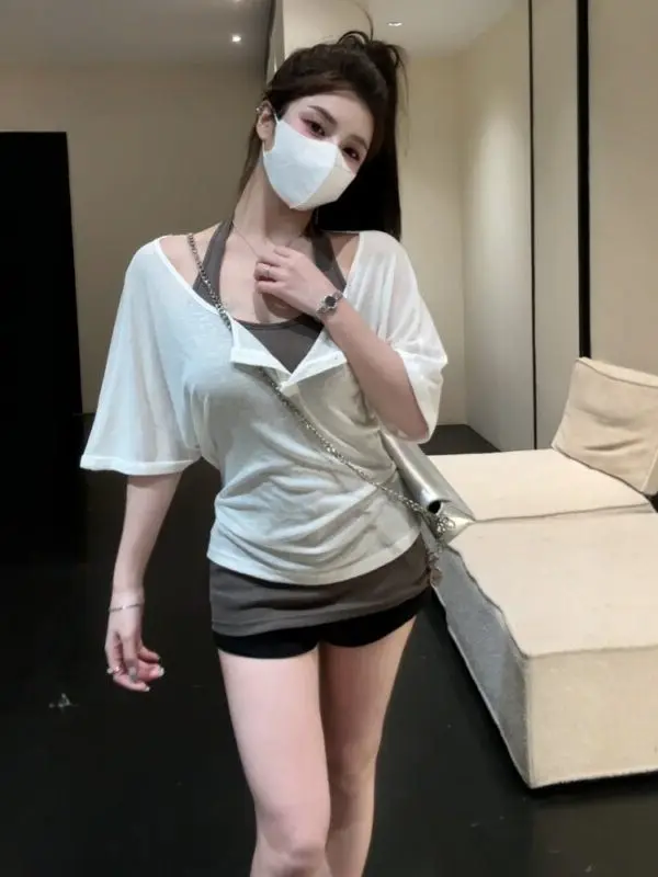 

Korean Lazy Style Neck Hanging Vest Thin Short Sleeve T-Shirt Two-Piece Set Women's Summer High Fashion Sensation Fashion Set