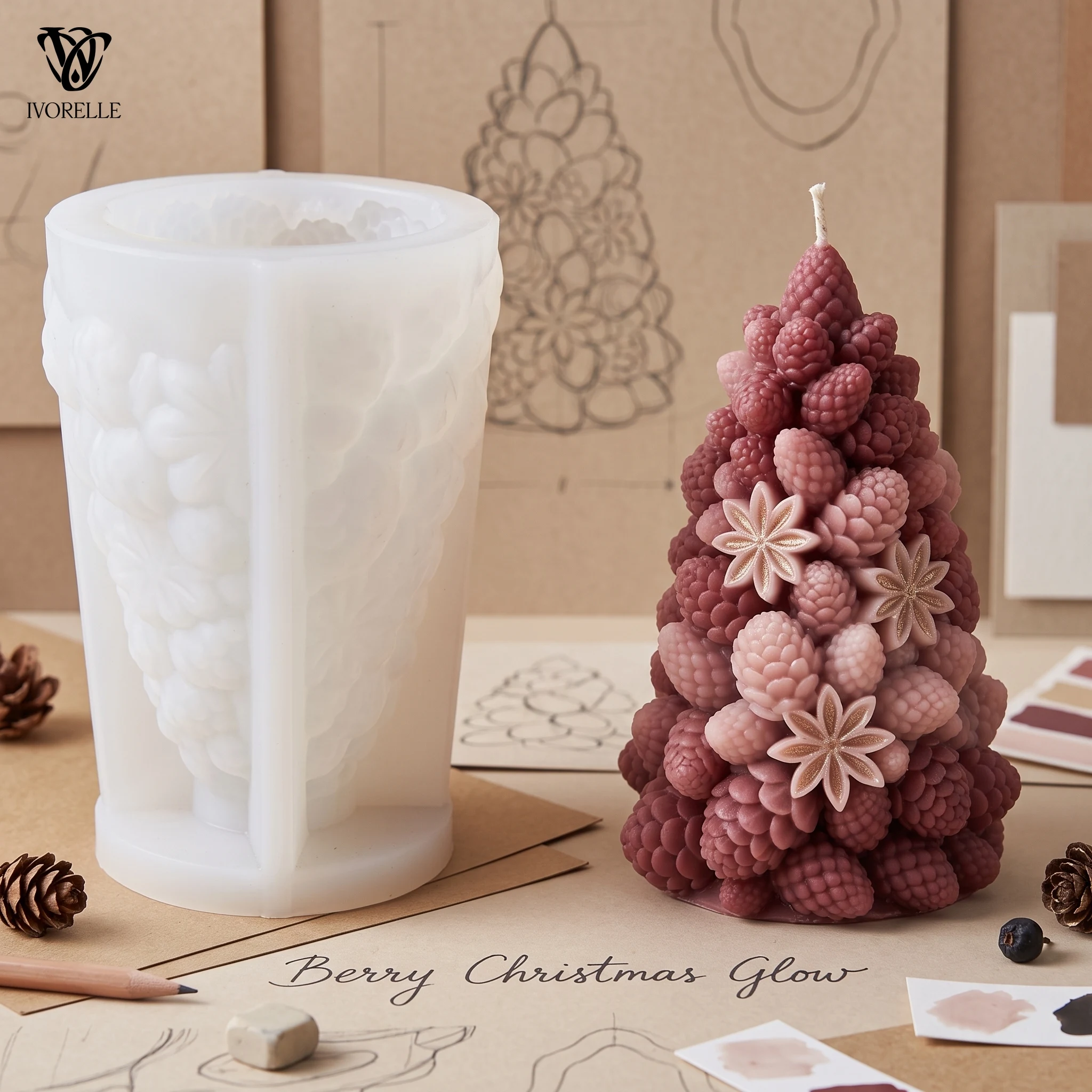IVORELLE Beeren-Tannenzapfen-Weihnachtsbaum-Silikon-Kerzenform mit erhabener Beeren-Tannenzapfen-Textur für Wachs, Harz, Gips, Seife, DIY