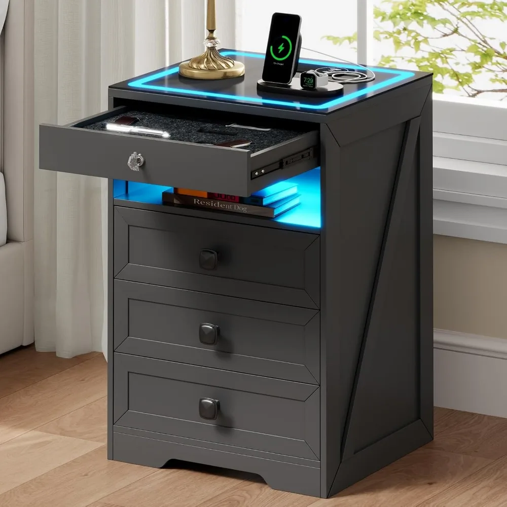 

LED Night Stand with Gun Drawer, Modern Nightstand with Wireless Charging Station, Smart Bedside End Table with Glass Top&4 Draw