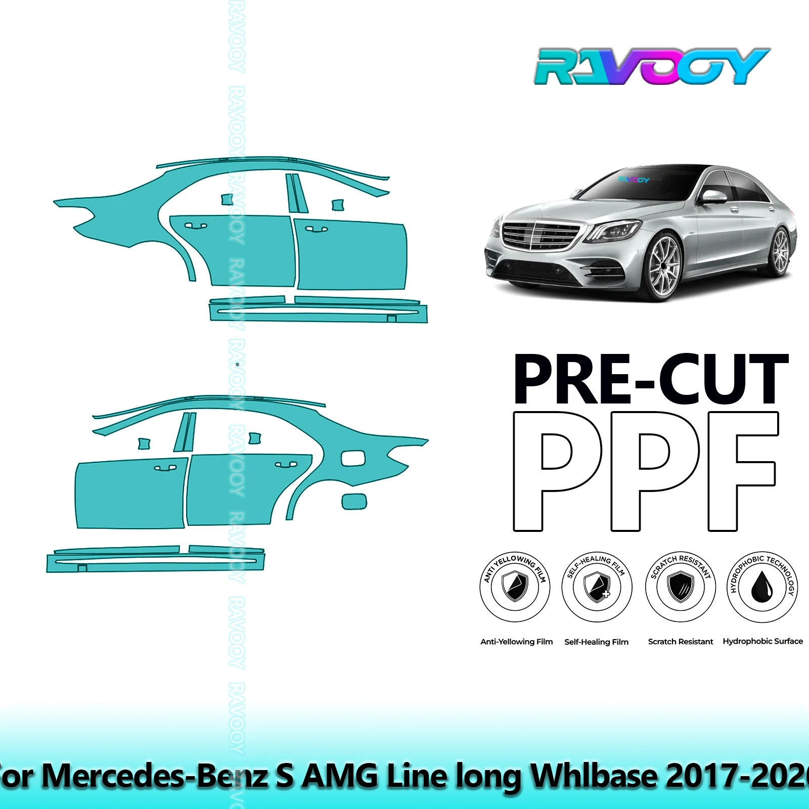 

For Mercedes-Benz S AMG Line long Whlbase 2017-2020 8.5mil Pre-Cut PPF Door & A/B Pillar Kit TPU Paint Protection Film Set