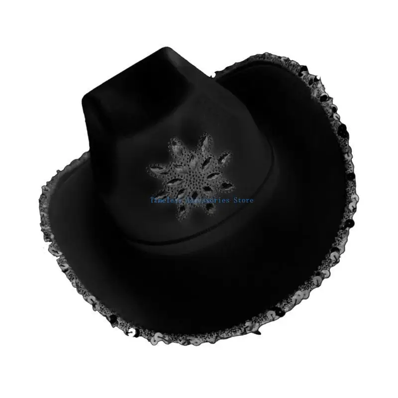 

97QE Woman Cowboy Hats with Sequins for Spring Winter Elegant Lady Proms Party Hat