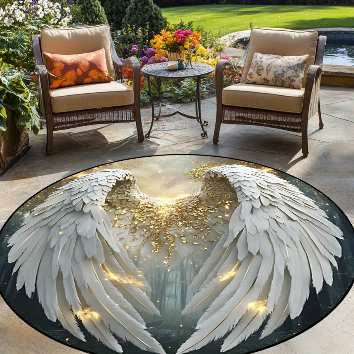 Printed Rug Abstract - Tapis rond vintage avec ailes d'ange,