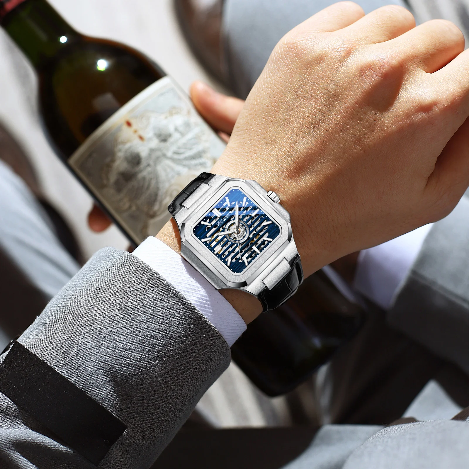 CHENXI الساعات الميكانيكية الجديدة للرجل الهيكل العظمي تصميم فاخر مربع مقاوم للماء التلقائي رجل التناظرية ساعة اليد الأعمال