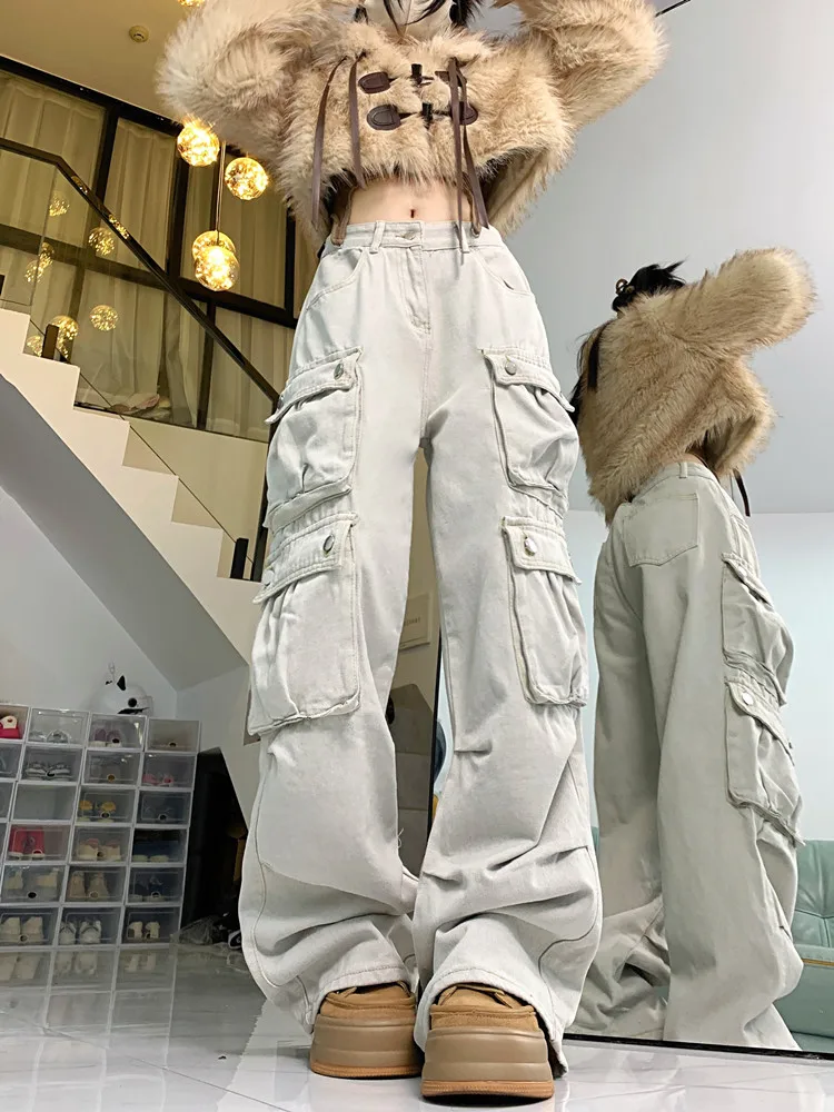 American Retro Multi-Pocket Overalls Women's Y2K Street Hip-Hop Casual Pants Unisex Trend Loose Straight Leg Overalls Women's