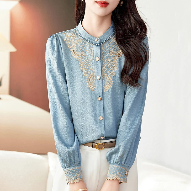 

Heavy-weight Real Silk Women's Satin Shirt Embroidery Elegant Shirts Fashion Blouses for Women Long Sleeve Office Lady Blouse