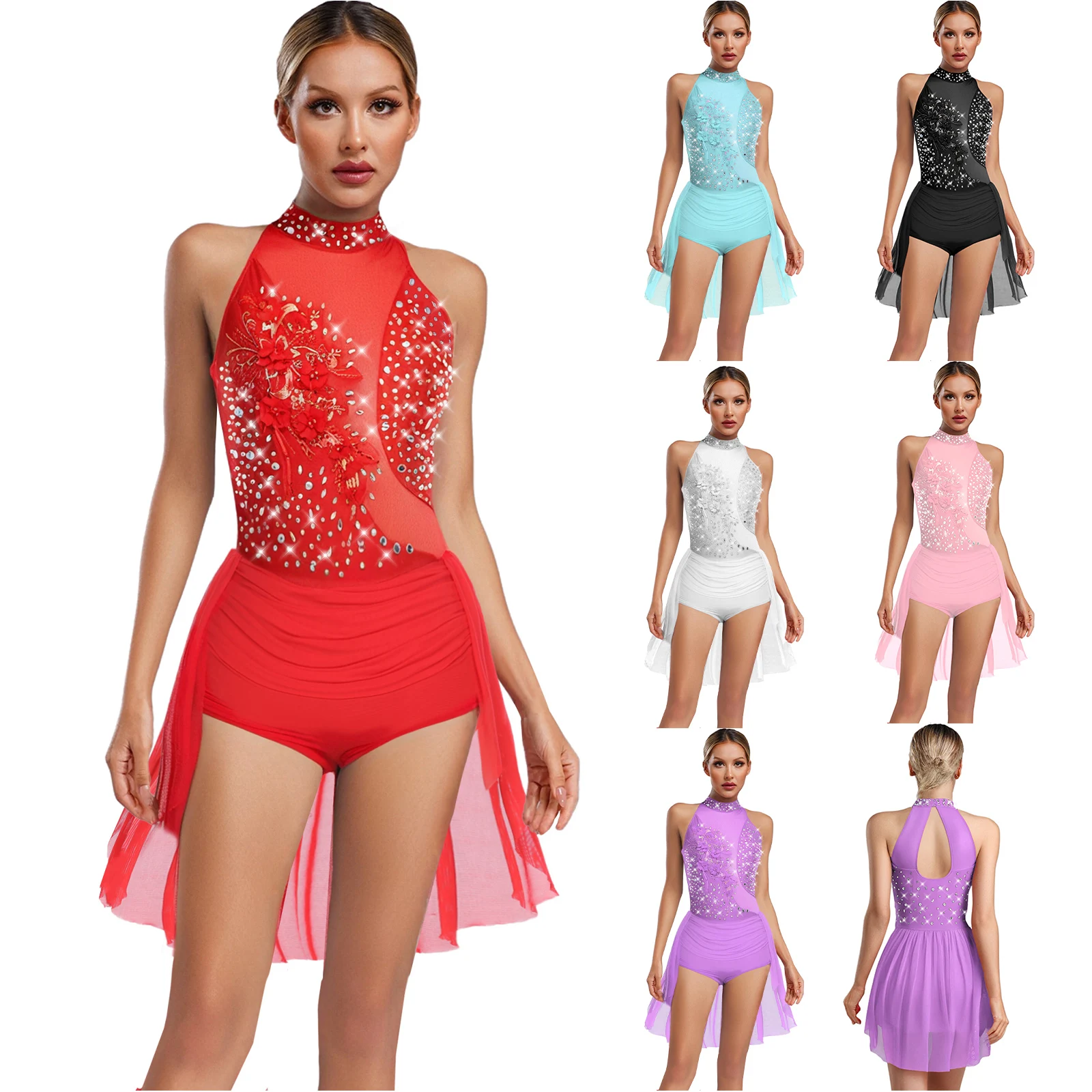 Womens Rhinestone Ballet Dance Leotard Dress Sleeveless Back Hollow Out Irregular Skirted Bodysuit for Latin Chacha Gymnastics