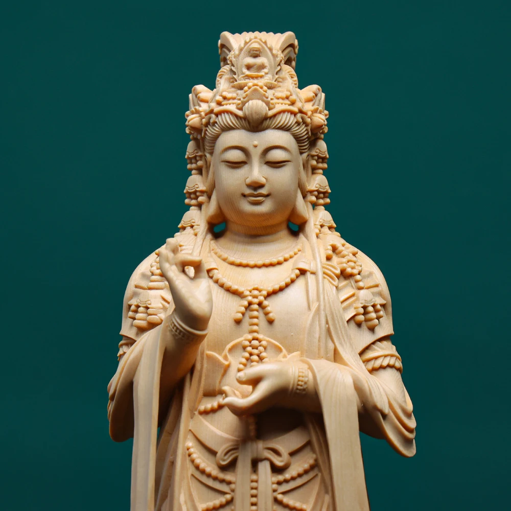 Hand Carved Hinoki Wood Standing Guanyin Kuan Yin Bodhisattva Statue Figurine w/ Vase Lotus Base - Spiritual Temple Home Altar