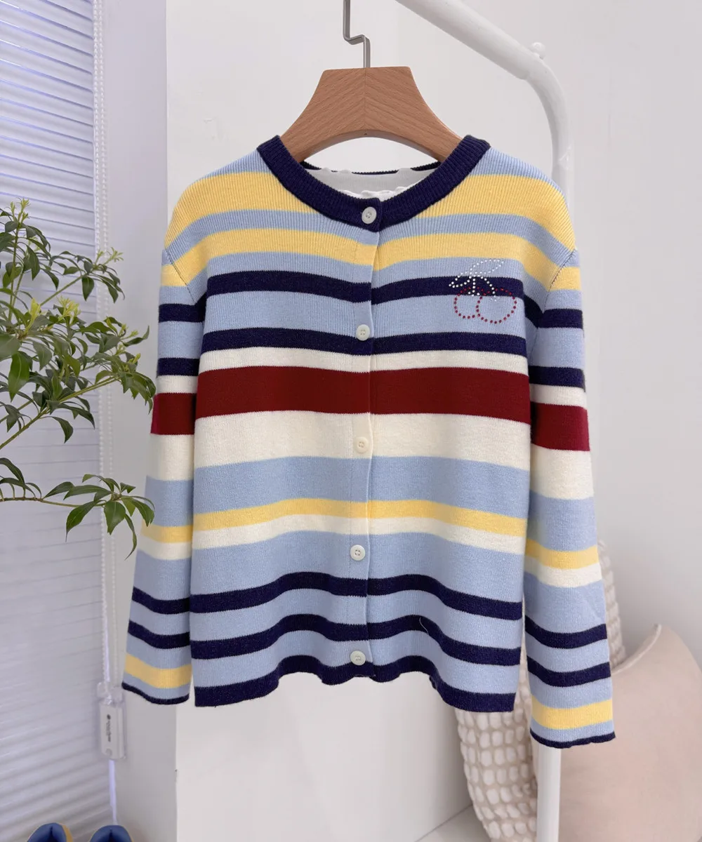 

kids clothes girls coat spring Colorful striped pattern knitted cardigan Cherry Embroidered Girl's Coat kids clothes
