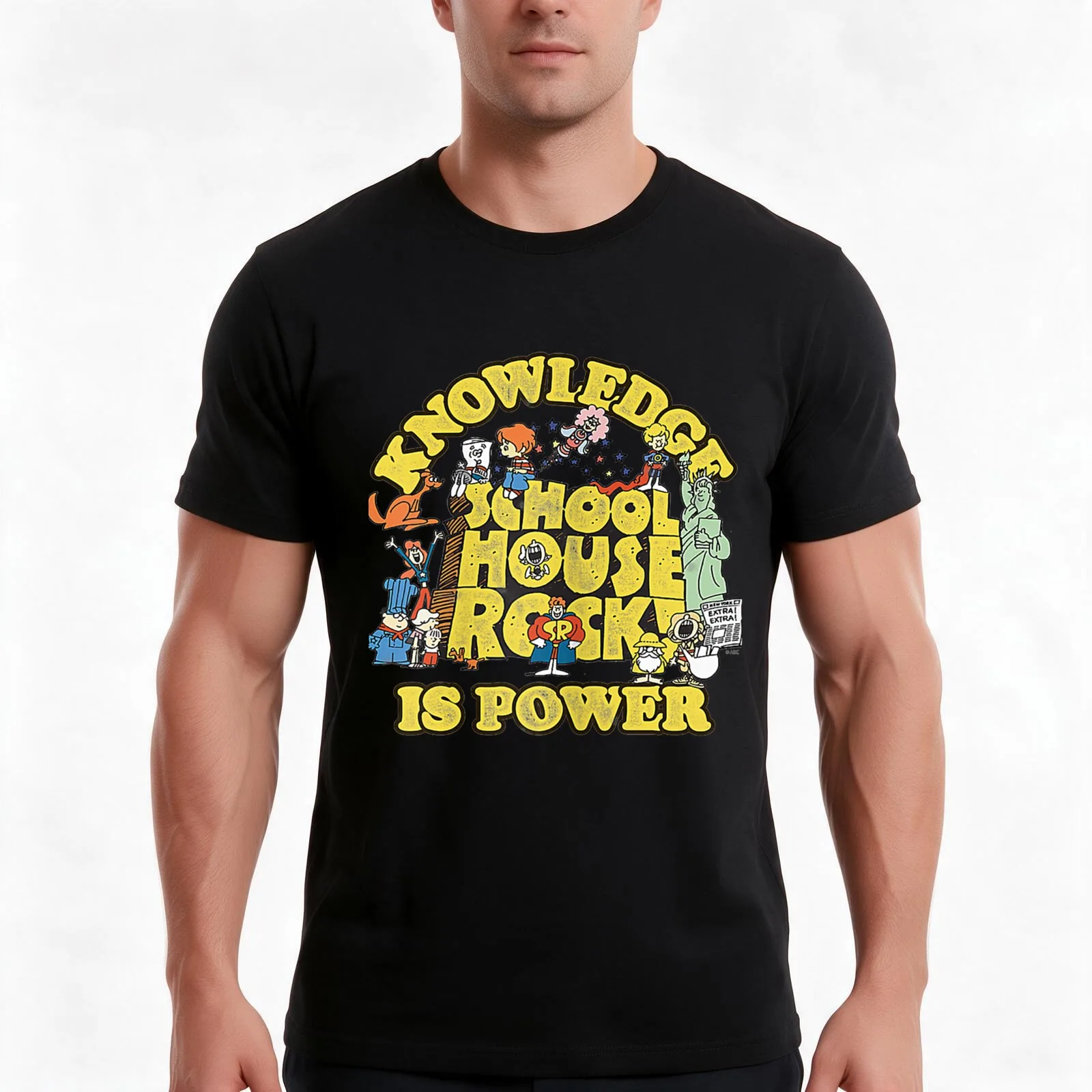 Schoolhouse Rock Knowledge Is Power Logo Group T-Shirt, Summer Casual Cotton Tee, Oversized Streetwear Tops, Unisex Men Women