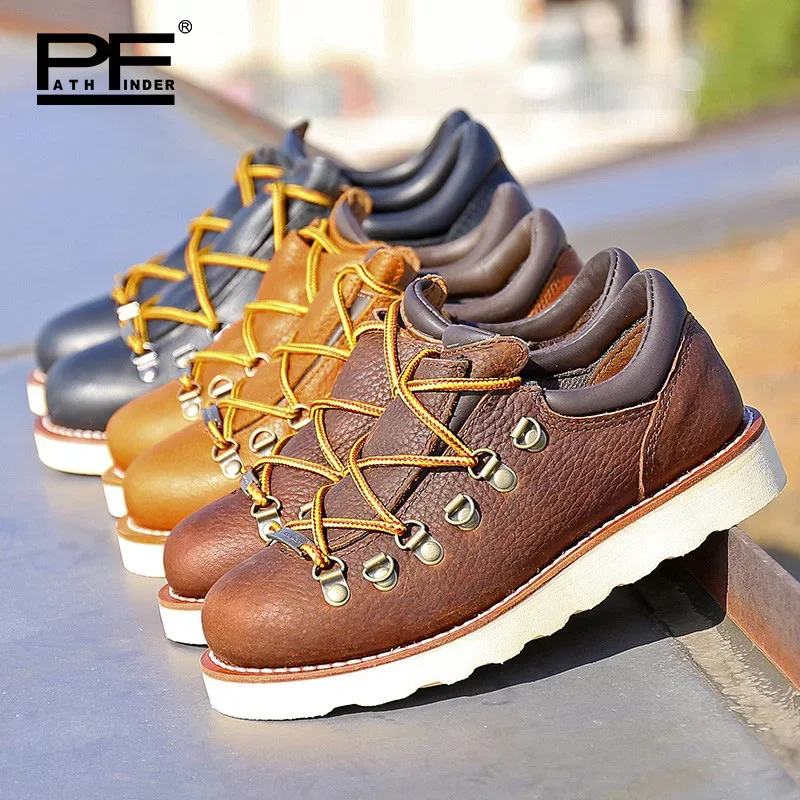 Genuine Leather Wedge Moc Toe Work Boots for Men Women Casual Quality Goodyear Welted Low Cut Shoes Soft Toe , Comfort Insole