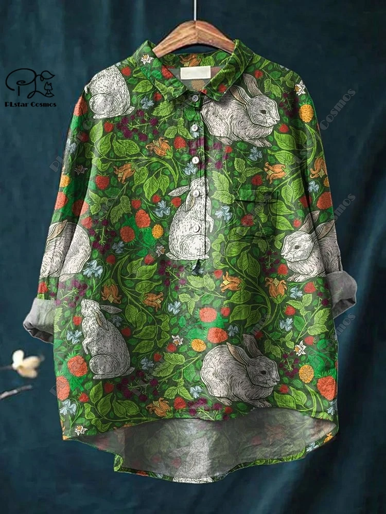 PLstar Cosmos new 3D printing retro cute rabbit bird peacock printing women's fun casual loose open tube shirt K-1
