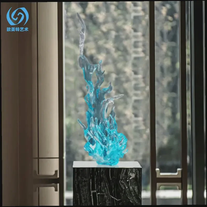 Modern Abstract Wave Sculpture Transparent Resin Art Decor for Hotel Lobby Club Creative Blue White Ornament Home Office