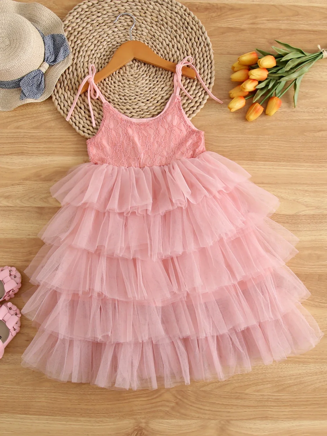 Girls wedding dress little princess birthday party gown lace sling tutu dresses children vintage floral cloths