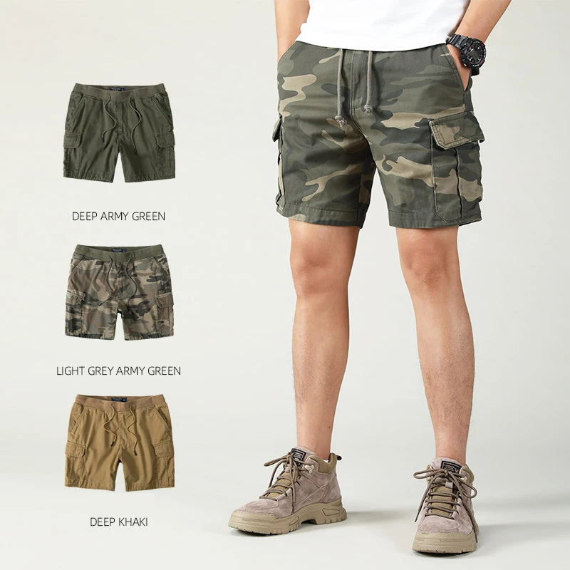 Men Summer Cargo Shorts Pants Elastic Waist Camouflage Shorts Multi-Pockets Casaul Straight Cut Drawstring Trendy Beach Shorts