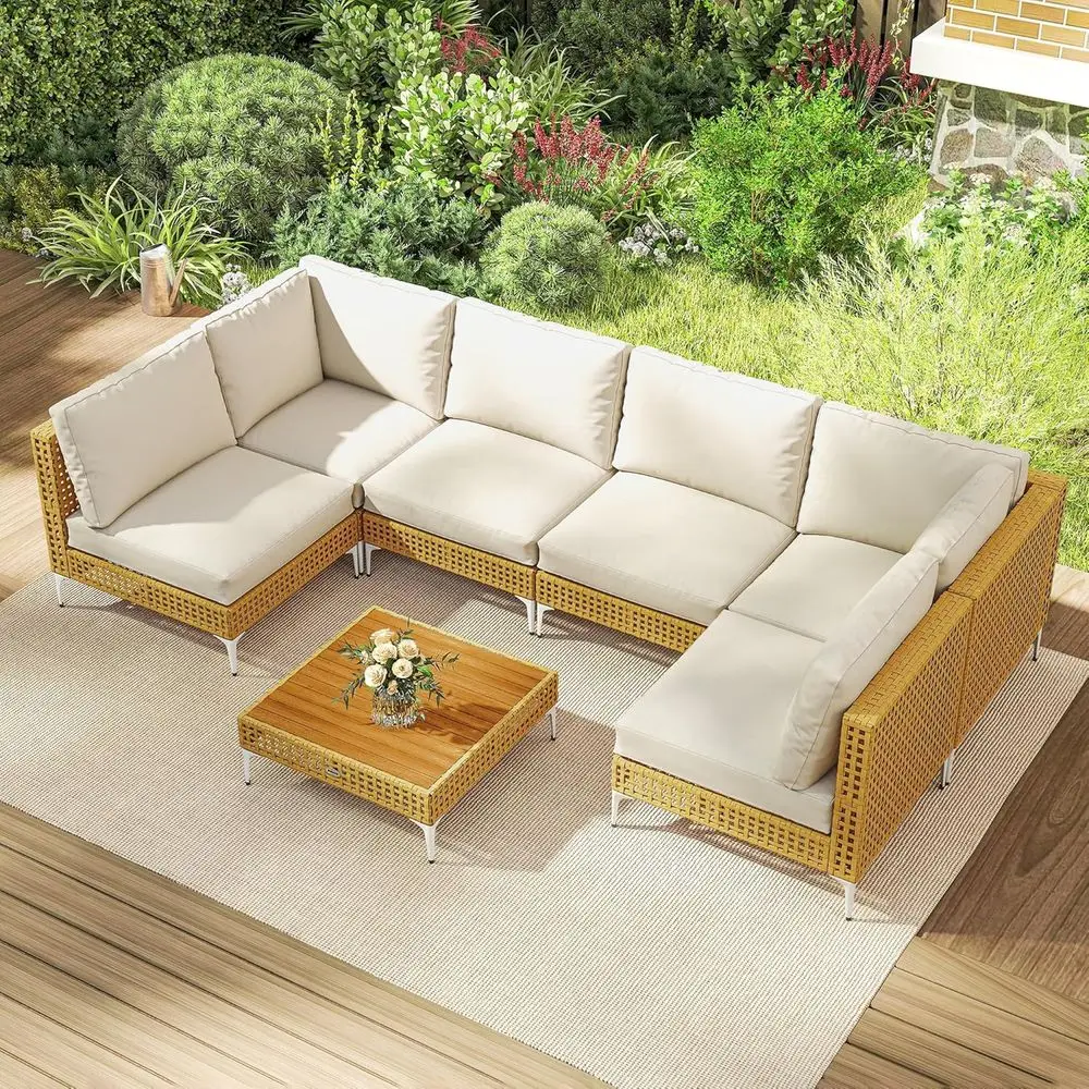 7-Piece Wicker Outdoor Sectional Set with Cushions and Acacia Wood Table, Khaki/Beige