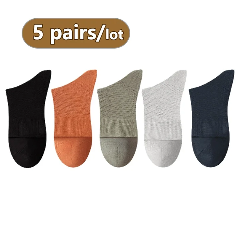 

5 Pairs Pure Cotton Mid-tube Man Socks Thin Seamless Sweat-absorbing Spring Four Seasons Mesh Beathable Business Calcetines