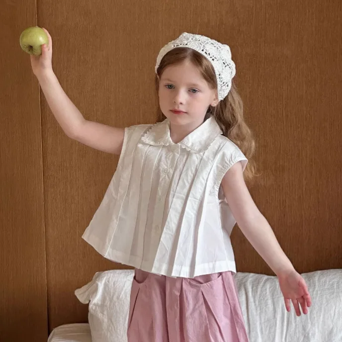 

White Shirt Loose Casual All-match Fashion 2025 Summer New Korean Cute Sleeveless Lapel Doll Shirt Kids Clothes Girls