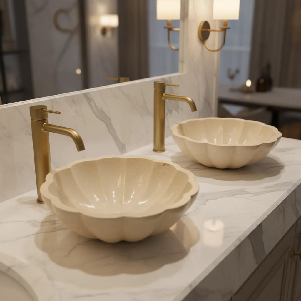 Wholesale Luxury Natural Beige Marble Flower Sink Wash Basin Garden Bird Bath with Waving Edge