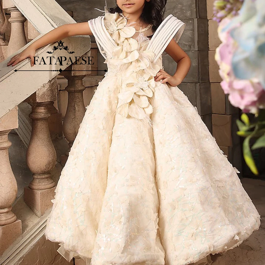 FATAPAESE Customzied Gown for Girls in Net Base with 3D Butterfly and Floral Detailing Feathers Beads Laces on Dress for Birthda