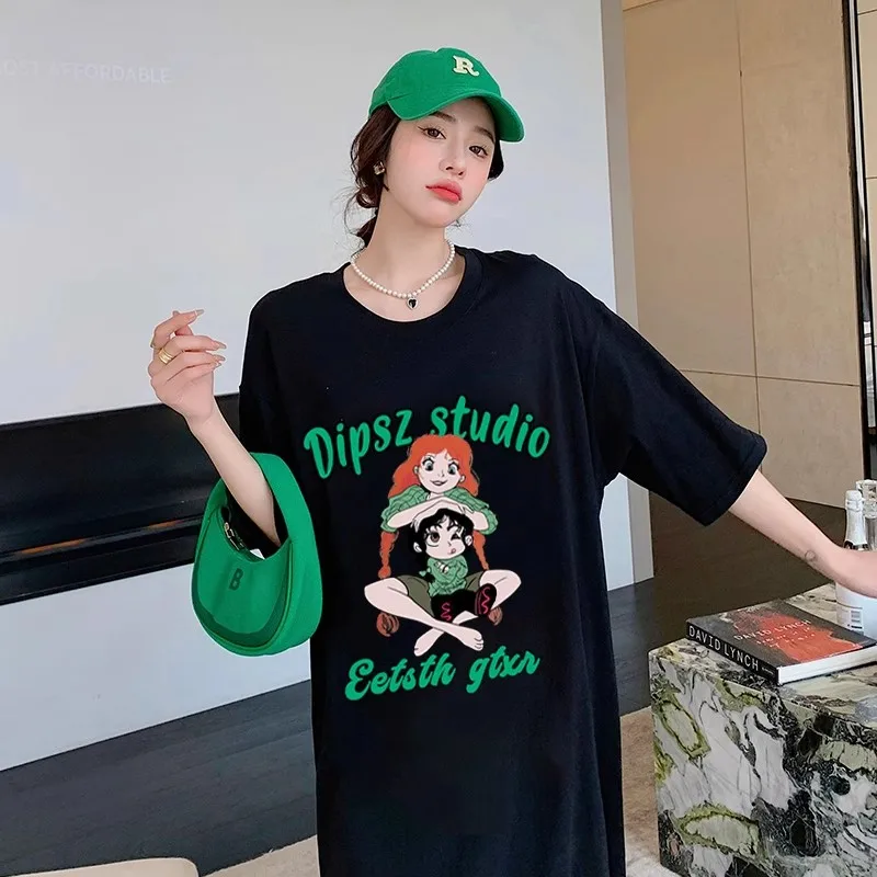 Abito lungo estivo con t-shirt Manica corta da donna oversize al ginocchio Alla moda coreana Sle Abiti larghi e comodi taglie forti