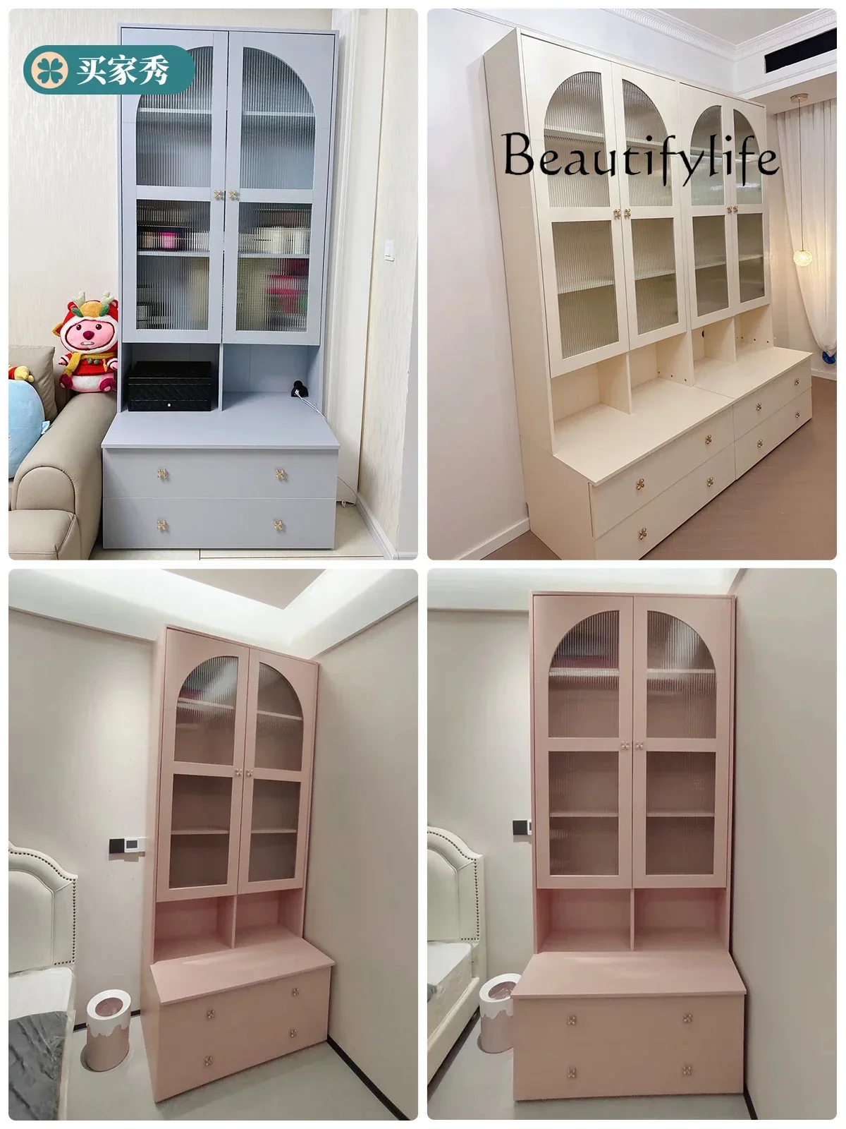 Bookcase with Card Holder Integrated to the Top Background Wall High Cabinet Pink Glass Cabinet