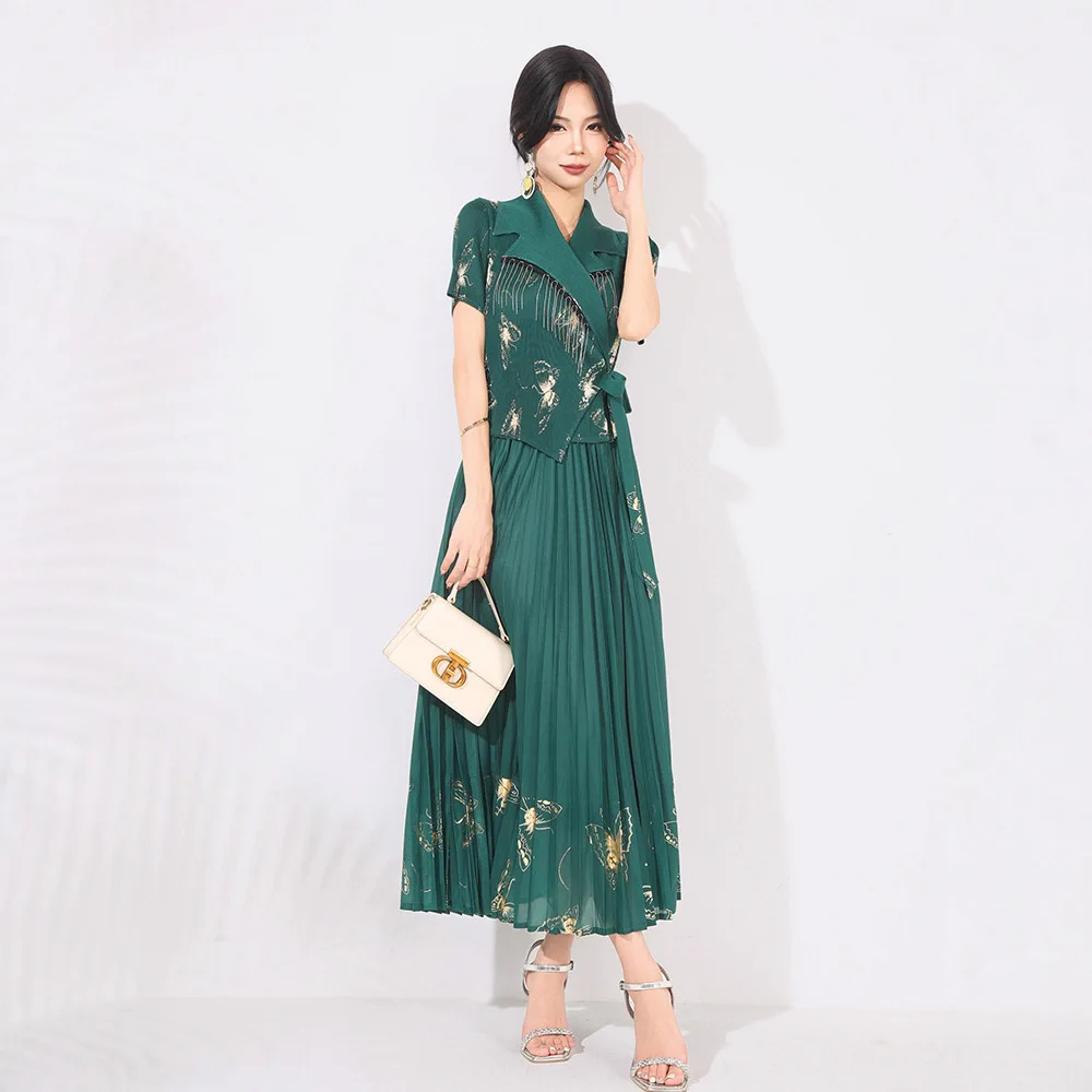 

Miyake High-end Summer New Suit Collar Bronzing Dress Women's Elegant Fashion Temperament Short-sleeved Long Pleated Dress