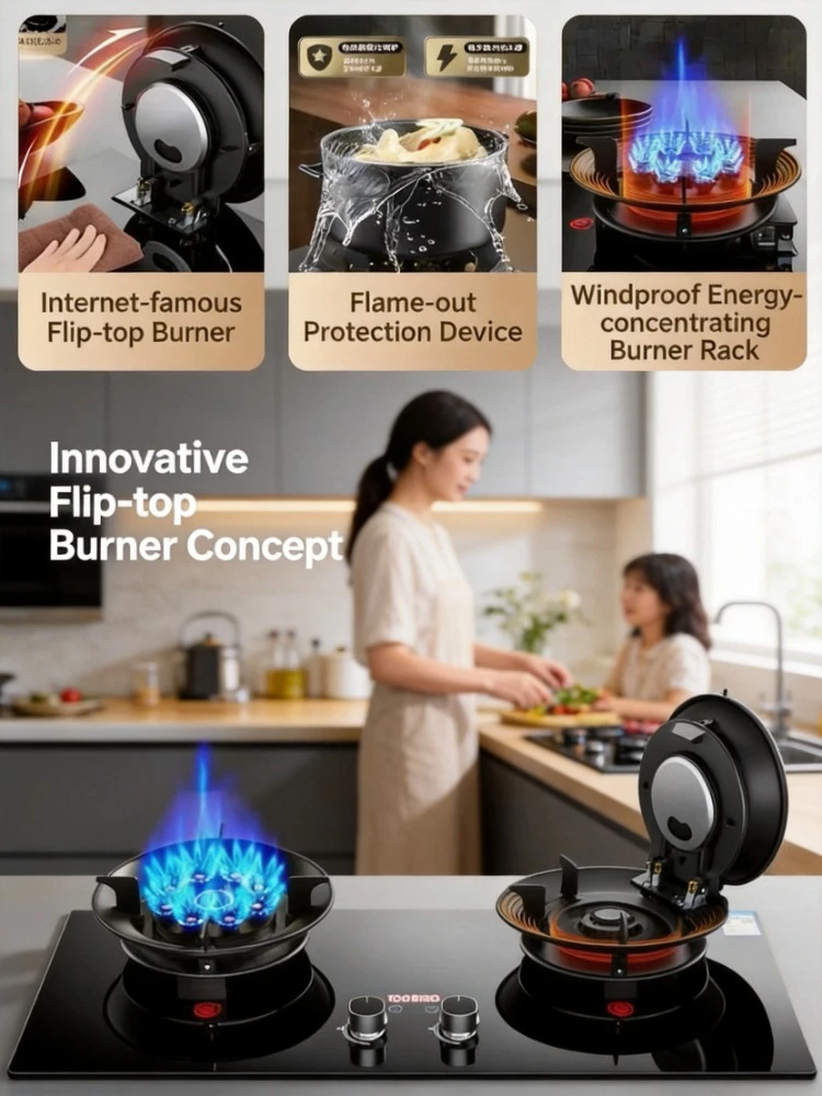 

Embedded Flip Top Double Burner Gas Stove Energy Saving Household Dual Fuel Gas Cooker Stainless Steel High Power