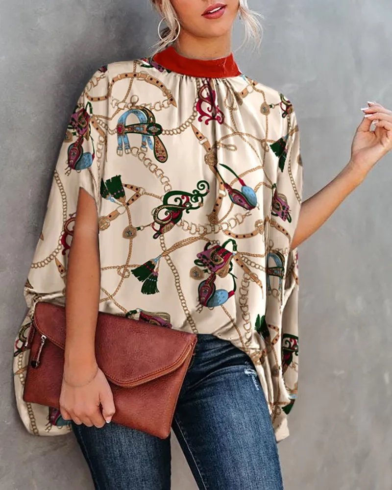 Women\'s Cape Sleeve Oversize Blouse Tie Closure High Neckline Caftan Body Loose Tops