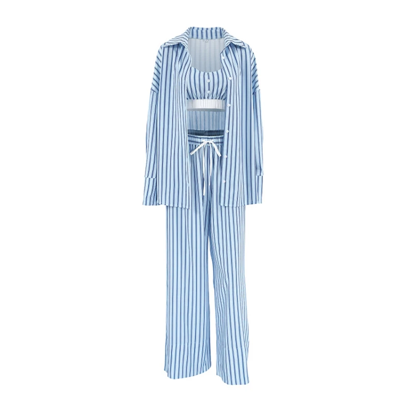 Autumn blue striped printed women's home clothes vest cardigan long sleeved long pants pajama three piece set