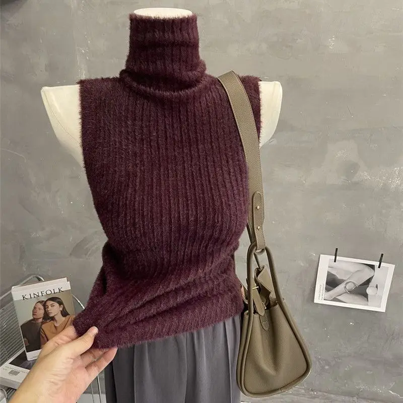 

Turtleneck Sleeveless Vest Sweater For Women Solid Color Slim Fit Camis Soft Fashion Korean Tees Knit Tanks Tops 2025 Ropa Mujer