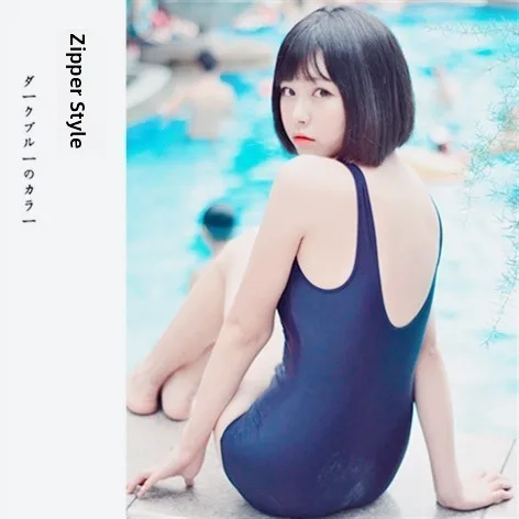 Sexy Zipper Swimsuit for Students Thermal Spa Large Size Swimming Costume Pure Color One-Piece Swimsuit with Fixed Breast Pad