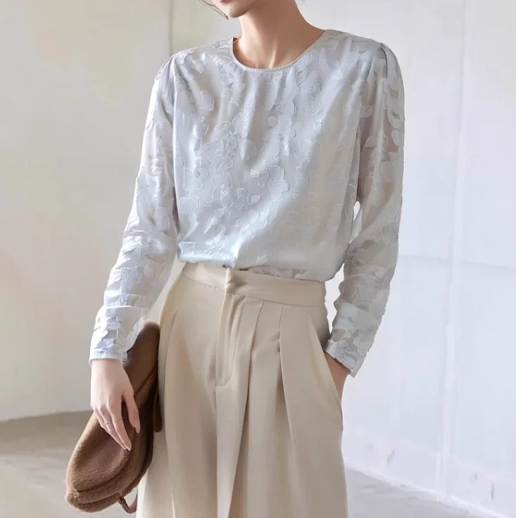 Perspective Blouse for Women Round Neck Long-sleeved Straight Pullover Shirt 2025 Spring Korean Heavy Industry Embroidery Top